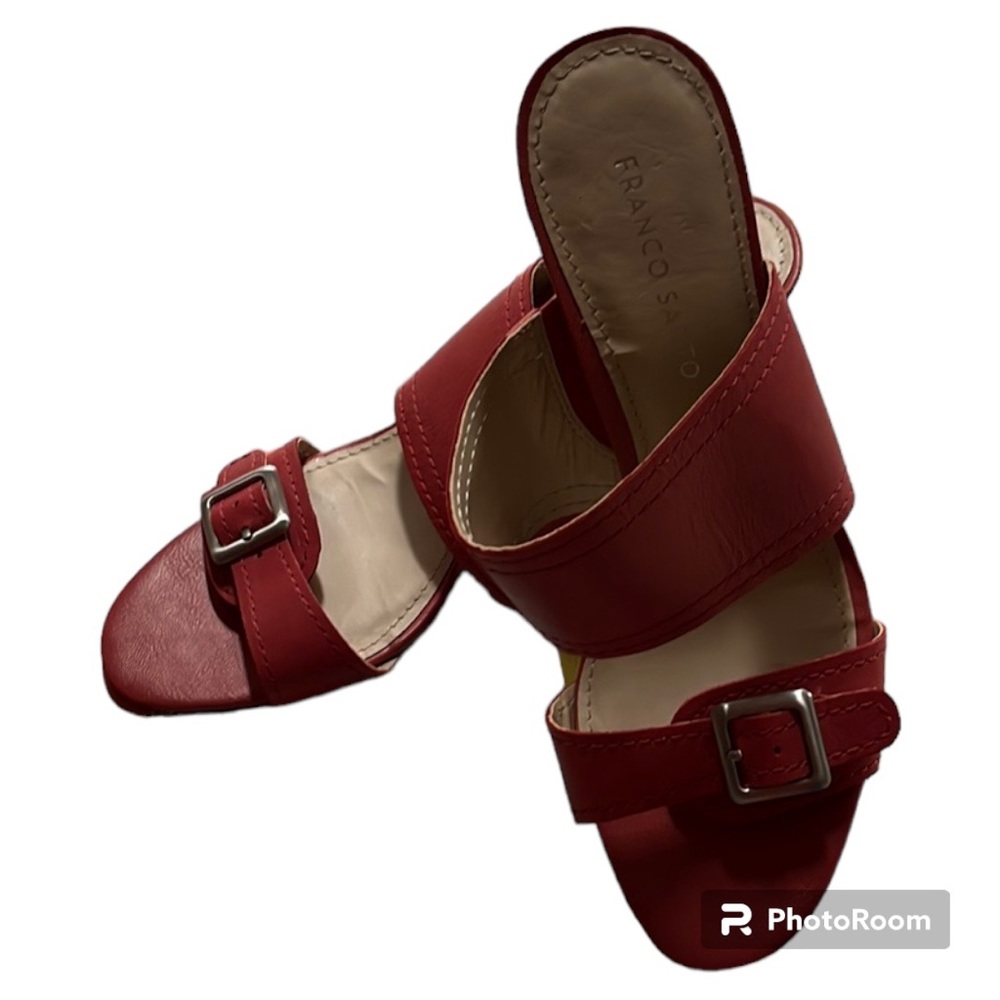Franco Sarto Leather Slide 3.5" Wedge Coral Sandals Strap Buckle Size 10